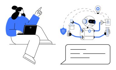 Dizüstü bilgisayarı olan kadın robotlarla etkileşim halinde. Fikir üretimini, laboratuvar testlerini, güvenliği ve sunumunu onaylıyor. Yenilik için ideal, Al, yaratıcılık, teknoloji, eğitim bilimi