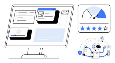 İçerik yönetimini, video oynatıcıyı, e-posta bildirimlerini, yıldız dereceli performans ölçerini ve otomasyon ve siber güvenlik görevlerini gösteren yapay zeka robotunu gösteren bilgisayar ekranı. Teknoloji için ideal