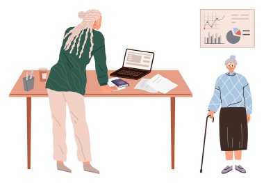 Bastonlu yaşlı bir kadın hazır beklerken, elinde belgelerle masa başında çalışan rastalı bir kadın. Destek, bakım, işyeri dahil etme, yaşlanma, işbirliği konuları için ideal