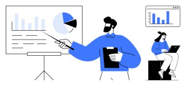 Profesyonel istatistiksel grafikler ekranda bir işaretçiyle sunulurken, bir ekip üyesi dizüstü bilgisayardaki verileri analiz ediyor. Veri analizi, takım çalışması, sunumlar, iş stratejisi, eğitim için ideal