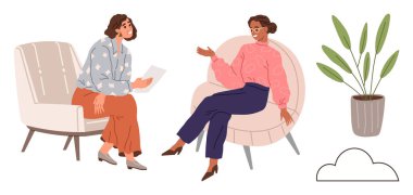 Modern koltuklarda oturan iki kadın açık tartışmayla meşgul. Kapalı alanda bitki dekorasyonu ve minimum mobilya ayarları. Psikoloji, koçluk, iletişim, özbakım, etkileşim, dinleme için ideal