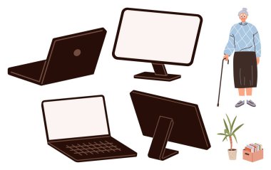 Minimalist dizüstü bilgisayarların, monitörlerin, kitapların ve ev bitkilerinin yanında duran yaşlı bir kadın. Teknoloji için ideal, kıdemli erişilebilirlik, eğitim, kapsama, uzak çalışma dijital yaşam