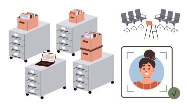 Belgeli dolaplar, dizüstü bilgisayarlar, masa sandalyeli sandalyeler ve onaylanmış dijital kimlik. Ofis yönetimi, takım çalışması, kimlik doğrulaması, verimlilik, veri yönetimi için ideal
