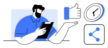 Elinde başparmak ikonu, saati ve grafiği olan bir pano tutan adam. Üretkenlik, yönetim, takım çalışması, verimlilik, zaman yönetimi, işbirliği için ideal basit iniş sayfası