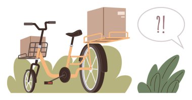 Turuncu kargo motoru kutularla dolu, çalıların yanına park edilmiş, soru ve ünlem işaretleriyle dolu konuşma balonu. Teslimat, lojistik, eko-ulaşım, kentsel hareketlilik, kurye hizmeti için ideal