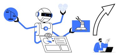 Birden fazla silah kullanan robot adalet ölçeği, kalp, robot kol, veri arayüzü ve dizüstü bilgisayardaki kişi. Yapay zeka, robot bilimi, teknoloji, otomasyon, çoklu görev yeniliği için ideal