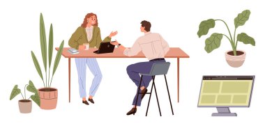 İş arkadaşları masa başında dizüstü bilgisayar ve kahveyle fikir paylaşıyorlar. Yeşil bitkiler tazelik katıyor. Takım çalışması, işbirliği, işyeri, yaratıcılık, üretkenlik, uzak çalışma, basit düz metafor