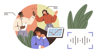 Çeşitli takımlar fikir alışverişinde bulundu, analitik tablet ve ses dalgası grafikleri kullandılar. Takım çalışması, üretkenlik, analitik, ses teknolojisi, yenilikçi liderlik dijital araçları için idealdir. Basit düz