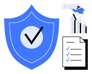 İşaretli mavi kalkan, kontrol listesi dokümanı, grafik çubuklarını analiz eden kişi. Güvenlik, güven, verimlilik, analitik, veri bütünlüğü gelişimi için ideal. Basit düz metafor