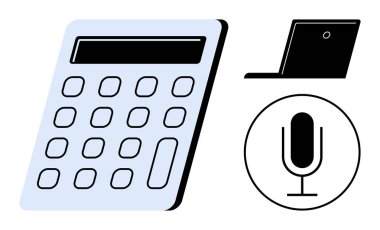 Hızlı hesaplama için hesap makinesi, dijital görevler için dizüstü bilgisayar ve ses girişi için mikrofon. Teknoloji, üretkenlik, uzaktan çalışma, iş, eğitim, iletişim için ideal basit iniş sayfası