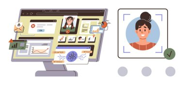 Yüz tanıma sürecinin yanında veri analizi, grafikler, bildirimler, e-posta ve kimlik doğrulaması gösteren bilgisayar ekranı. Teknoloji, siber güvenlik, biyometri, yapay zeka kimliği için ideal.