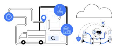 Otomasyon araçlarıyla görev yapan bir yapay zeka robotuna bağlı, tablet üzerinde rota navigasyonu olan bir kargo kamyonu. Lojistik, yapay zeka, tedarik zinciri, dağıtım, akıllı teknoloji, bulut çözümleri, basit
