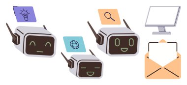 Fikirler için yüzen görev simgeleri olan üç yapay zeka robotu, web taraması, aramalar, bir bilgisayar monitörü ve açık bir zarf. Yapay zeka, otomasyon, robot bilimi, yenilikçi iletişim araması için ideal