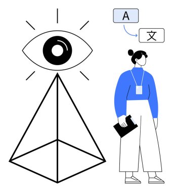 Piramidin üstündeki göz görme ve aydınlanmayı temsil ediyor, kadın elinde dil çeviri unsurlarıyla pano tutuyor. Eğitim, yaratıcılık, dil eğitimi, vizyon, liderlik için ideal
