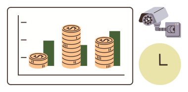 Madeni para yığınlarının olduğu çubuk grafik finansal büyümeyi, güvenlik kamerasının izlemeyi ve saati simgelediğini gösteriyor. Finans, yatırım, izleme, güvenlik, izleme ve analitik için ideal