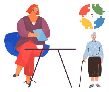 Masanın yanında oturan bir kadın bastonlu yaşlı bayana danışıyor, bilişsel sağlığı gösteren bulmaca parçaları. Terapi, sağlık, yaşlanma, bunama, psikoloji için ideal