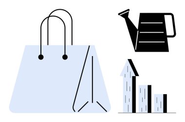 Alışveriş torbası, yukarı doğru ok ile büyüme grafiği ve sulama büyüme, yetiştirme ve sürdürülebilirliği sembolize edebilir. E-ticaret, iş, büyüme stratejisi, çevre dostu yaşam pazarlaması için ideal