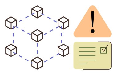 Kırık çizgiler, ünlem işaretli turuncu uyarı işareti ve kontrol listesi ile sadeleştirilmiş engelleme zinciri yapısı. Engelleme zinciri, siber güvenlik, risk yönetimi, uyum ve veri güvenliği için ideal