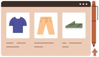 Çevrimiçi mağaza arayüzü vitrin kıyafetleri ve ayakkabı kategorileri, bir tişört, pantolon ve ayakkabılar dahil. Alışveriş için ideal, çevrimiçi perakende, e-ticaret, moda, arayüz tasarım kullanıcısı