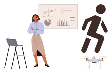 Veri tabloları, çubuk grafikler ve pasta grafikleri sunan profesyonel bir kadın. Bir sandalye, hareket figürü ve insansız hava aracı da dahil. İş, teknoloji, analitik yenilik için ideal AI liderlik eğitimi