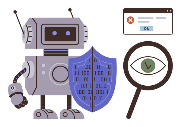 Робот с антенной, бинарным кодовым экраном, увеличительным стеклом над глазом, всплывающими ошибками. Идеально подходит для кибербезопасности, защиты данных, конфиденциальности, технологии AI онлайн безопасности этических вычислений. Простая квартира
