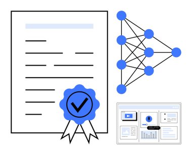 Rozet sertifikası, sinir ağı yapısı ve veri göstergesi. Yapay zeka, referans, eğitim, yenilik, başarı veri bilimi ve dijital teknoloji için idealdir. Temiz düz metafor
