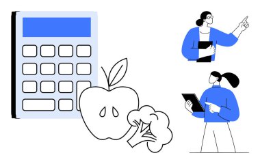 Önünde taze elma ve brokoli olan büyük bir hesap makinesi. Dijital cihazlarla etkileşime geçen iki profesyonel. Sağlık, eğitim, planlama, analiz, sağlık, bütçe, basit