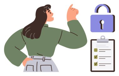 Kilit simgesine doğru bakan kadın, üzerinde güvenlik, uyum ve güveni simgeleyen işaretler olan pano. Siber güvenlik, gizlilik, kontrol listesi organizasyonu, görev yönetimi, farkındalık için ideal