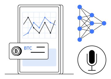 Şifreli para aktarımı, sinirsel ağ diyagramı ve mikrofon ikonu içeren akıllı telefon görüntüleme şeması. Fintech, AI, data, crypto, inovasyon, uygulama tasarımı için ideal basit iniş sayfası