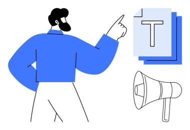 Katmanlı metin içeriğine ve megafona işaret eden adam, iletişimi, reklamcılığı, markalaşmayı, medyayı, eğitimi, pazarlamayı ve içerik yaratmayı sembolize ediyor. Basit bir iniş sayfası için ideal