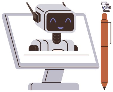 Gülümseyen yapay zeka robotu, yenilik, teknoloji, yapay zeka çözümleri, dijital yaratıcılık, otomasyon, eğitim ve çevrimiçi iletişimi temsil eden yakın bir ekranda stilus kalemle görüntülendi. Basit için ideal