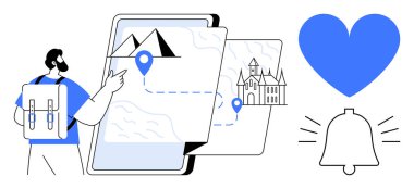 Sırt çantalı bir adam dijital haritayla etkileşime geçiyor. Dağlar, kale, rota lobutları. Mavi kalp ve çan ikonu nişanı vurguluyor, macera. Seyahat, turizm, seyahat, navigasyon ipuçları için ideal