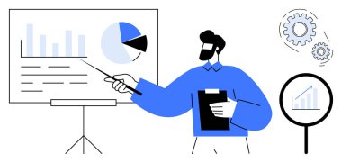 Tahtaya çubuk grafikler ve pasta grafikleriyle bakan bir adam var. Büyüteç, vites araştırmayı, planlamayı, stratejiyi, takım çalışmasını, analizi, eğitimi basit düz metaforu sembolize eder.