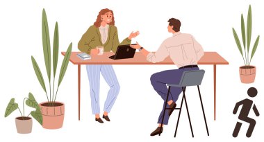 İki meslektaş, yakınlarda saksı bitkileri olan bir masada dizüstü bilgisayarla etkileşime geçiyorlar. Takım çalışması, işbirliği, ofis çalışma alanı, iletişim, iş hayatı dengesi, yeşil ofis, basit düz metafor