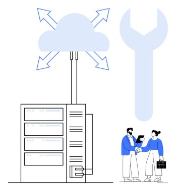 Veri aktarım oklarıyla sunuculara bağlı bulut, büyük anahtar aleti, iki profesyonel bağlandı. Teknoloji, bilişim çözümleri, iş büyümesi, veri yönetimi, takım çalışması, bulut barındırma için ideal