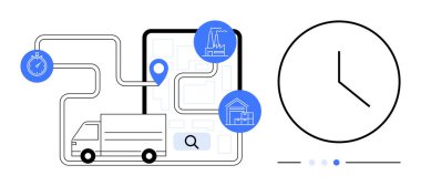 Teslimat kamyonu gerçek zamanlı takip edilen güzergahlar, konum şifreleri, saat simgesi, zaman yönetimi. Lojistik, ulaşım, tedarik zinciri, dağıtım hizmeti, dakiklik için ideal