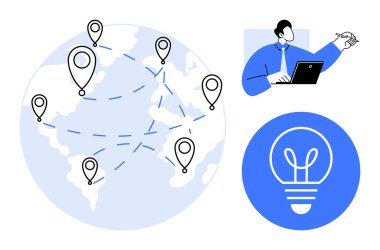Konum lobutları ve bağlantı hatları olan dünya, dizüstü bilgisayarda çalışan insan ve ampul. İş ağı kurmak için ideal, uzak çalışma, yenilik, problem çözme, küreselleşme, basit beyin fırtınası