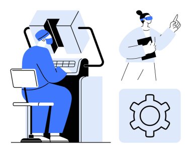 Gelişmiş bilgisayar sistemi üzerinde çalışan kişi, tabletle fikirleri tartışan kişi, dişli simgesi. Teknoloji, yenilik, takım çalışması, mühendislik, eğitim, otomasyon ve basit bir iniş için ideal