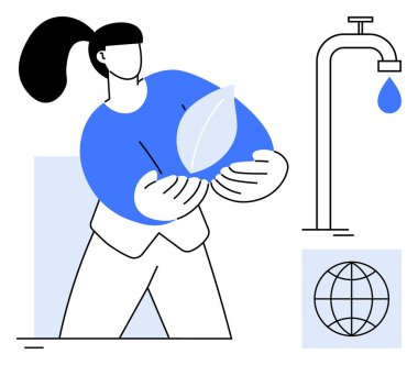 Elinde bir yaprak tutan, su musluğu ve küreye yakın duran, doğa bakımını, suyu, sürdürülebilirliği, çevresel farkındalığı sembolize eden bir kadın. Ekoloji, iklim hareketi, CSR kampanyaları için ideal