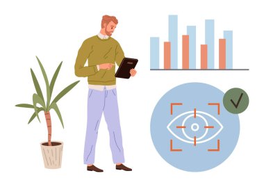 Tabletteki bilgileri inceleyen adam, doğrulama kontrolüyle tablet, bitki ve göz taraması grafiklerinin yanında. Teknoloji, analitik, üretkenlik, iş, dijital çözümler, veri güvenliği için ideal