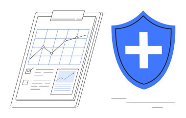Büyüme grafiği, kontrol listesi ve haçla işaretlenmiş kalkan, sağlık, veri güvenliği ve ilerlemeyi temsil ediyor. Sağlık yönetimi, işletme, sigorta, güvenlik büyümesi sağlık hizmetleri için ideal