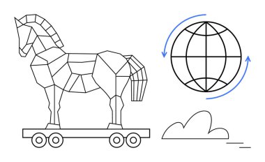 Geometrik Truva atı, oklarla çevrili, siber tehditleri, küresel bağlantıyı, dijital stratejiyi, bilgi güvenliğini ve uyarıcı temaları sembolize eden bir küreyle eşleştirildi. İdeal