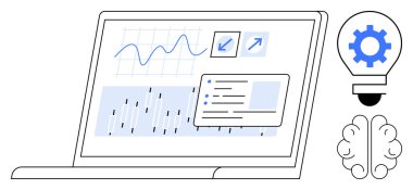 Dizüstü bilgisayarda grafikler, büyüme oku ve analitik içeren bir veri paneli var. Yakınlarda donanımlı ve stilize bir beyni olan bir ampul var. Teknoloji, yenilik, yapay zeka, veri analizi ve strateji için ideal