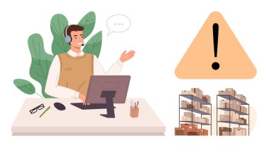 Resepsiyondaki adam envanter sorunu, konuşma balonu, uyarı işareti ve raflara yardım ediyor. Lojistik, destek, perakende satış, envanter iletişimi problem çözme e-ticaret için ideal. Basit.