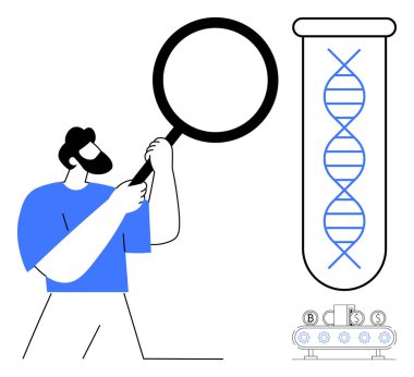 Test tüpü ikonu yakınlarındaki büyüteçle DNA ipliğini analiz eden adam. Bilim, araştırma, genetik, biyoteknoloji, yenilik, keşif ve eğitim için idealdir. Basit düz mecazı temizle