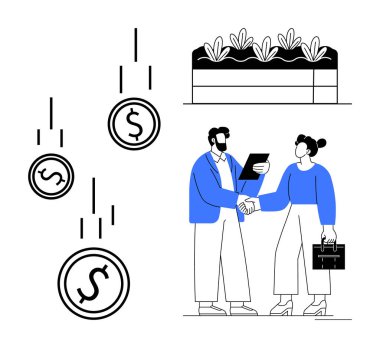 İki profesyonel el sıkışıyor, yatırımları tartışıyor, gelir artışını gösteren dolar paralarını tartışıyor ve çevre dostu uygulamaları ön plana çıkaran gelişen bir bitki yatağı. Finans ve ortaklık için ideal