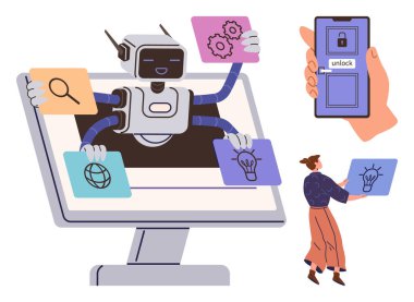 Robot monitör bekleme, arama ve ayarlama kartlarından çıkıyor. Telefonun kilidini aç. Fikirleri analiz eden kadın. Yapay zeka, yenilik, teknoloji, takım çalışması veri yönetimi için ideal