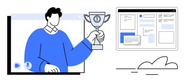 Video görüşmesi sırasında elinde kupa tutan kişi, yazılım arayüzünün yanında. Takım çalışması, başarı, ödül, sanal çalışma, uzaktan görüşme, üretkenlik motivasyonu için ideal. Modern basit düz metafor