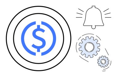 Dolar simgesi çevrildi, alarm zili ve iç içe geçmiş vitesler harekete geçti. Finans, verimlilik, tebligat, ekonomi, yenilik otomasyon yönetimi için idealdir. Basit düz metafor