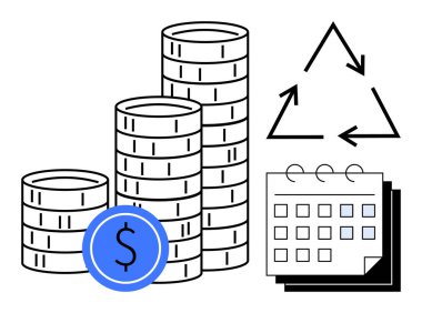 Dolar simgesi, geri dönüşüm oku ve takvimin yanında birikmiş bozuk paralar. Finans, tasarruf, bütçe, sürdürülebilirlik, yatırım planlaması ve ekolojik bilinçli harcamalar için ideal. Basit bir düz metafor.